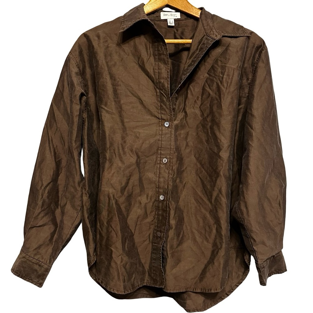 See U Soon Brown Button Down Shirt Size Medium Collared Long Sleeve Classic